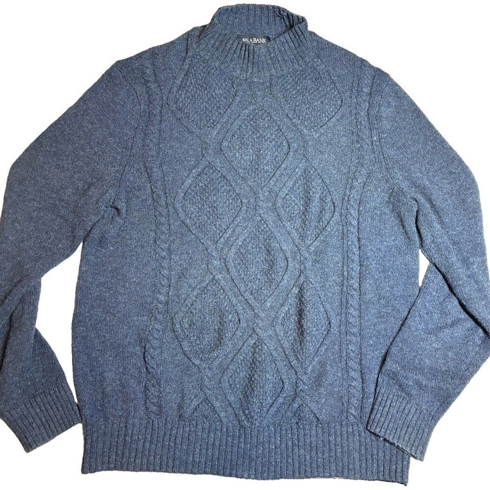 Jos. A Bank M Sweater Sz M mock neck Blue Cable Knit Crew Tailored Fit fisherman